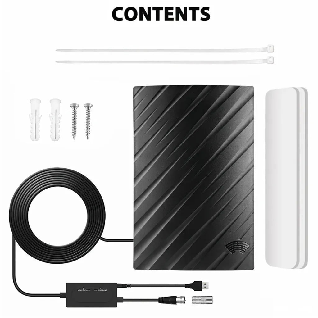 Black plastic indoor digital television antenna with included mounting screws, tubes, cable ties, and adhesive tape.