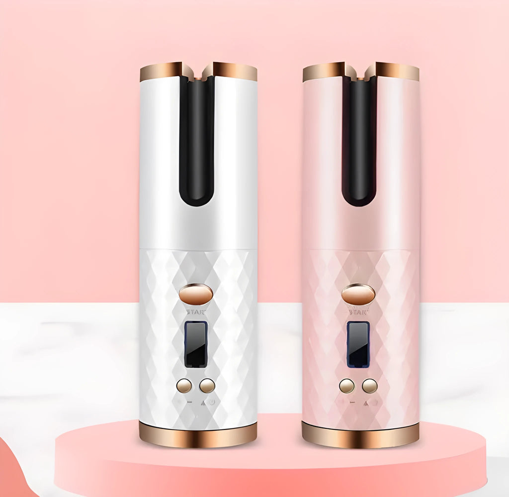White portable automatic curling iron with USB charging port and gold ceramic barrel.