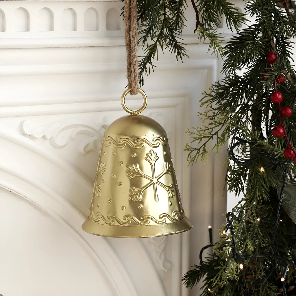 Christmas iron bell ornament with Santa Claus and snowman design in gold finish