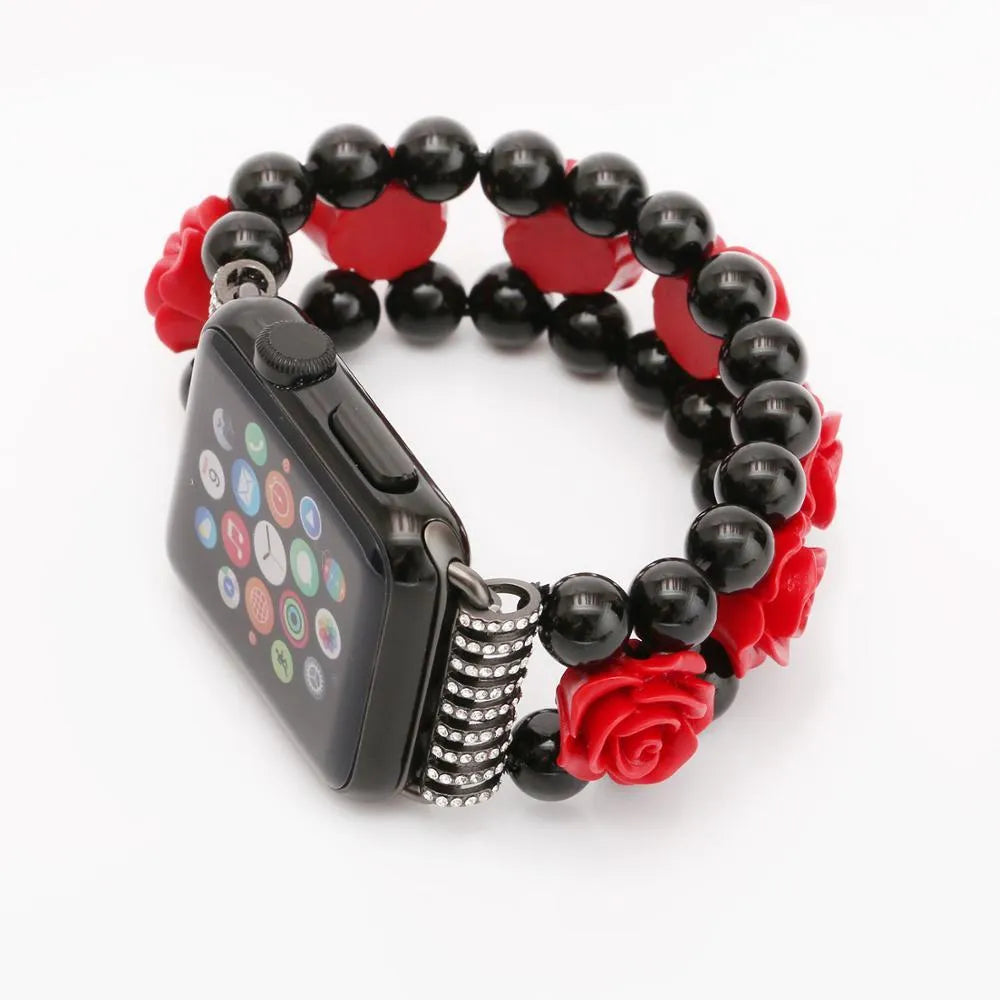 Black onyx carved watch band for Apple Watch 38/40mm and 42/44mm, jewellery style iWatch strap