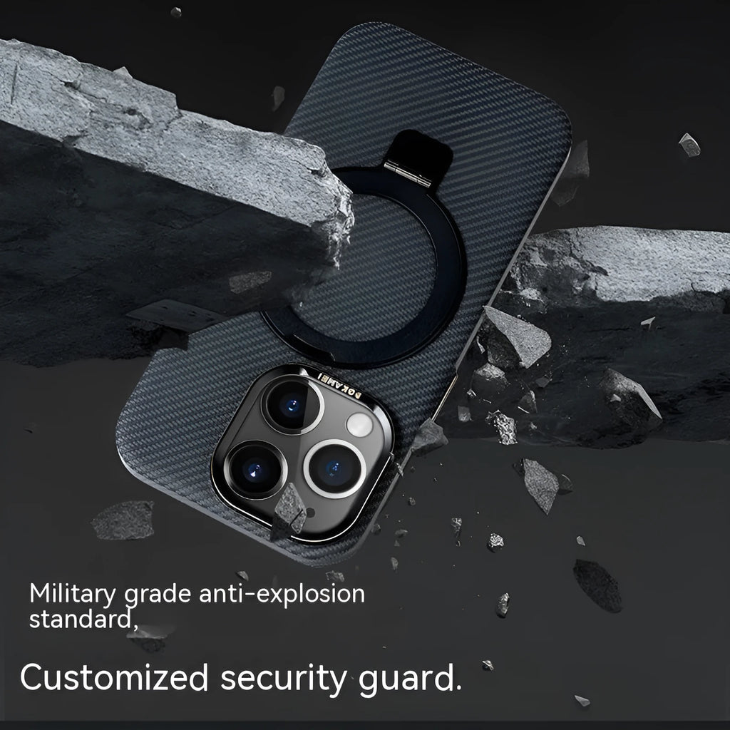 Carbon fibre phone case with magnetic bracket for Apple iPhone in graphite black