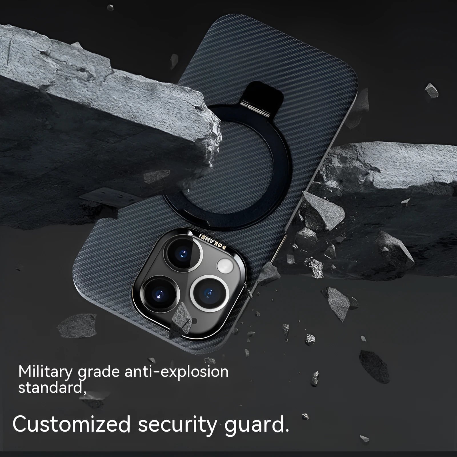 Carbon fibre phone case with magnetic bracket for Apple iPhone in graphite black