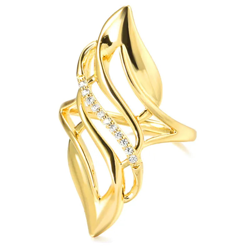 Women's copper ring with exaggerated curve design in Q611 gold colour showing side profile