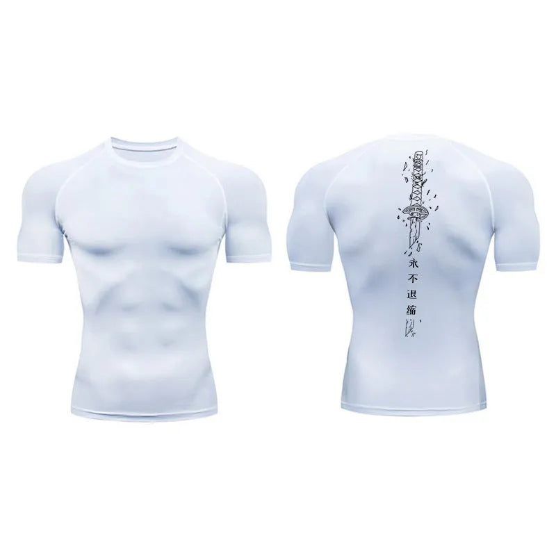 Men's short sleeve shirt with sword pattern print in lightweight polyester blend fabric