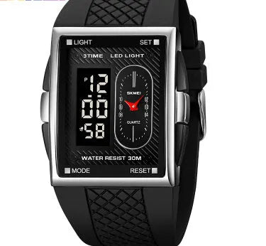 Double display waterproof sports electronic watch with 39.4mm screen and CR2025 battery in black and white colour option