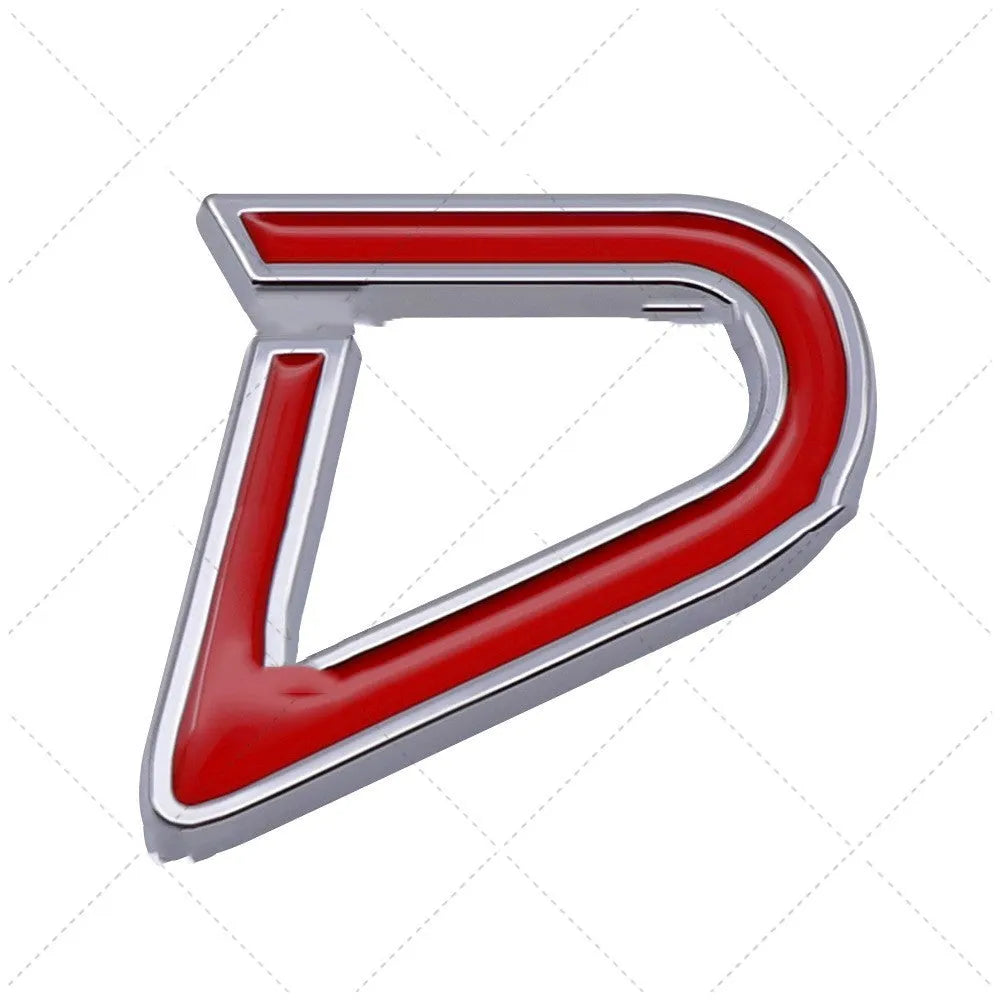 Metal decorative car bumper stickers showing SD, D and S patterns in red, silver and black colour combinations