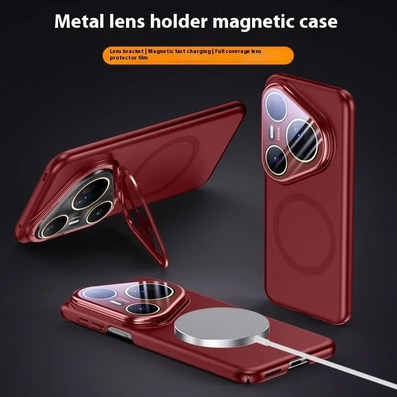Frosted Huawei P80pro phone case with integrated magnetic lens bracket on the back, shown in black colour.