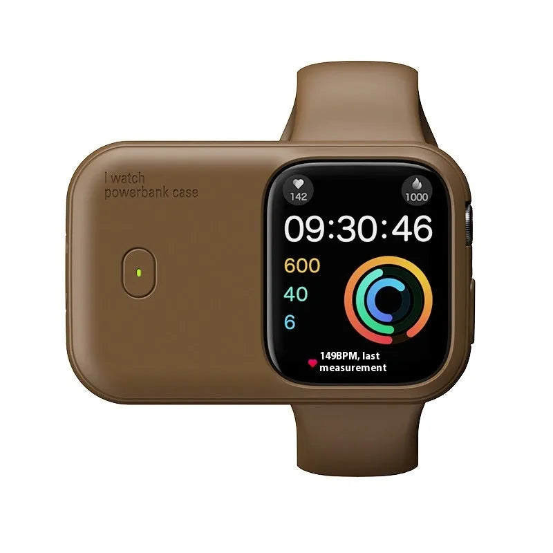 Apple Watch portable charging case with silicone sleeve, shown alongside compatible watch.