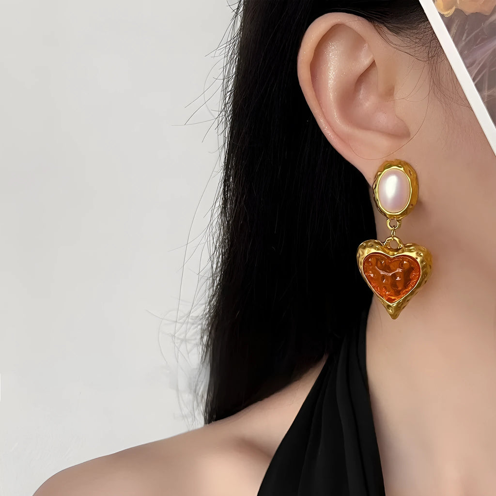Vintage heavy industry geometric copper drop earrings with zircon and cat-eye style stones for women
