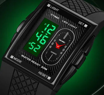 Double display waterproof sports electronic watch with 39.4mm screen and CR2025 battery in black and white colour option