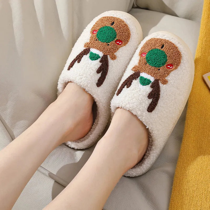 Christmas elk plush house slippers in red and green with anti-slip sole and artificial wool lining