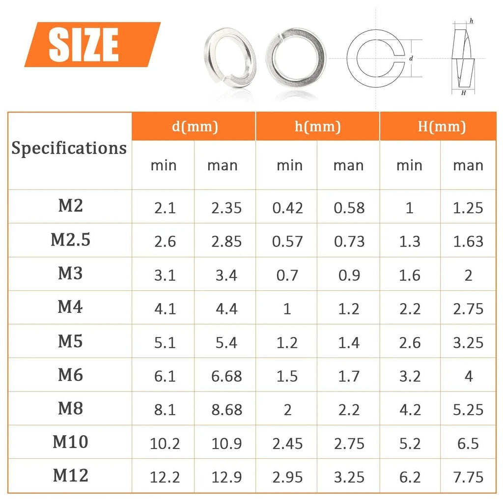 Open box showing assortment of 304 stainless steel spring lock washers in various sizes.