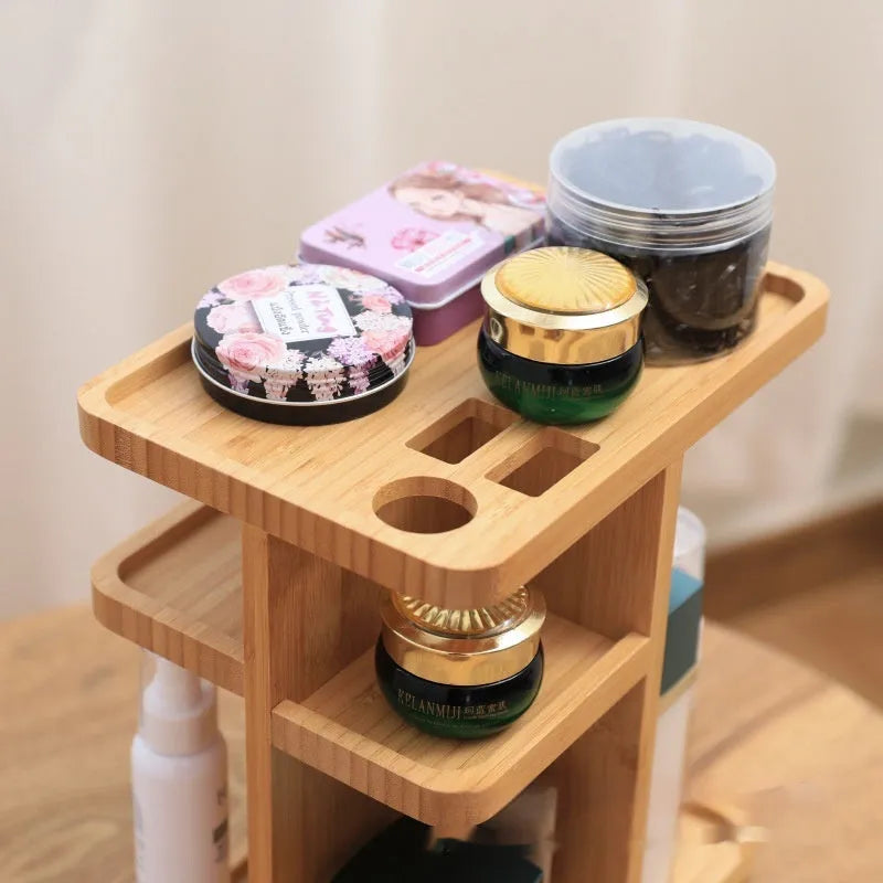 Bamboo rotating storage rack with multiple grid layers for home organisation