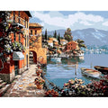 Rimless linen oil painting landscape artwork measuring 40x50cm with hand-painted lakeside scenery