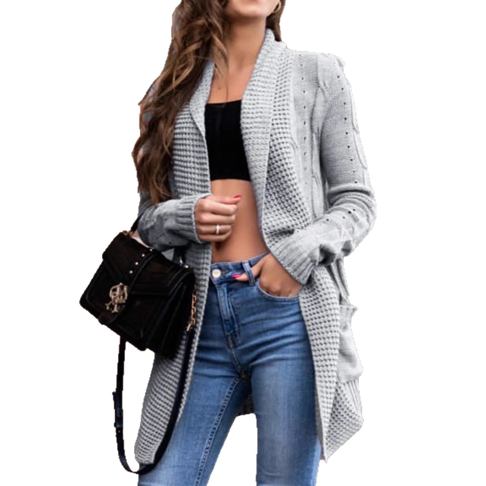 Grey women's loose fit cardigan coat with pockets, 65cm length, viscose fabric
