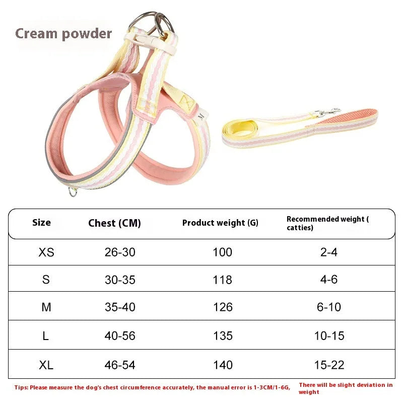 Lightweight dog harness and 1.4-metre walking rope set in various colours on a size chart