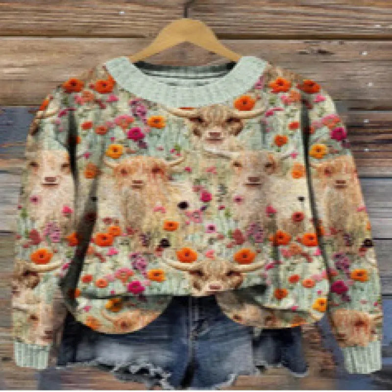 A round neck sweater with a colourful digital floral print, shown on a hanger.