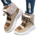 Beige women's lace-up mid-top snow boots with a fuzzy lining and thick platform sole.