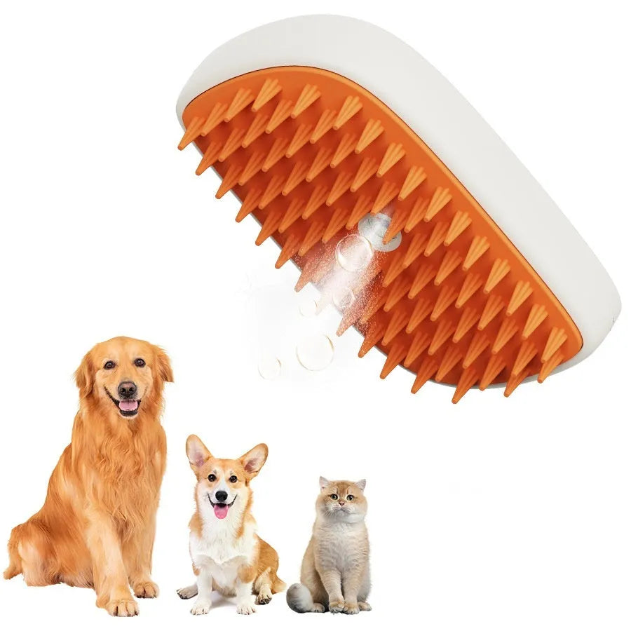 USB rechargeable pet steam brush in white and orange, ABS/TPR, 11.8 x 6.8 x 5.5 cm