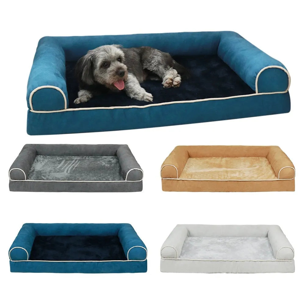 Square cloth-covered dog bed with sponge filling shown in beige, dimensions 100x60cm for scale.
