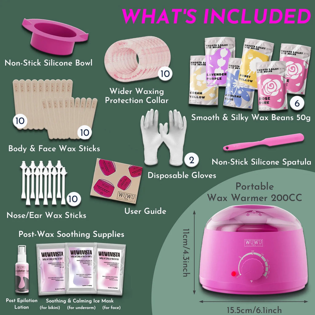 WUWUVISTA 56-piece hard wax hair removal kit with warmer, beads, silicone tools, and aftercare products.