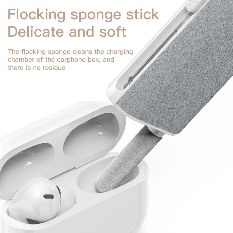 5-in-1 multifunctional screen and earphone cleaning pen kit with flocking sponge and metal tip.
