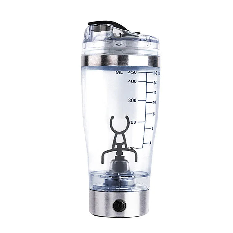 Stainless steel coloured electric shaker bottle with USB charging port for mixing protein shakes.