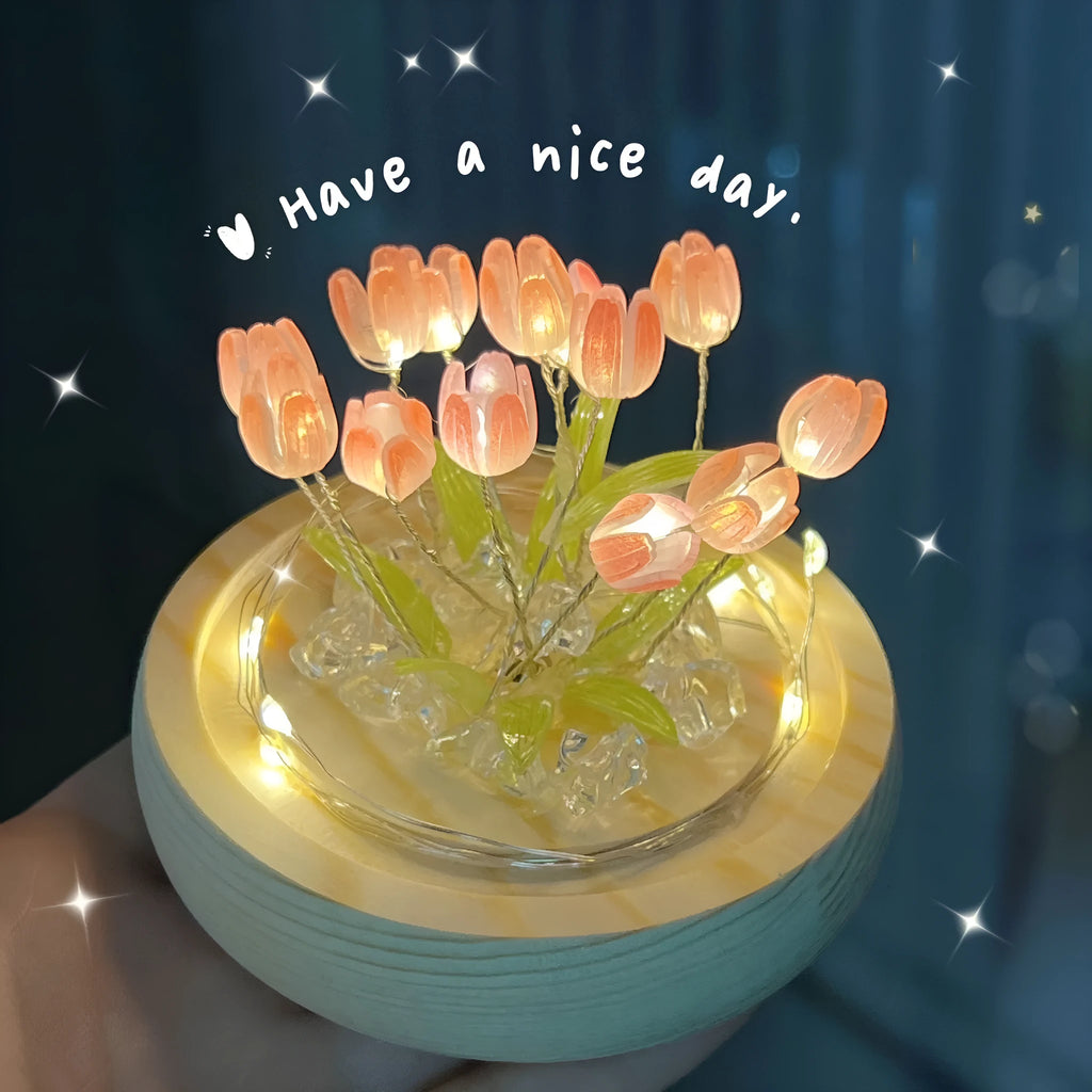 LED tulip artificial flower small night lamp battery powered in pink with DIY material packages