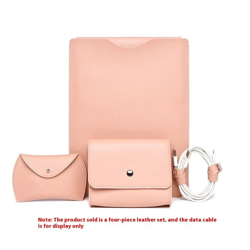 Set of four lock edge imitation leather protective covers for laptops in different colours.
