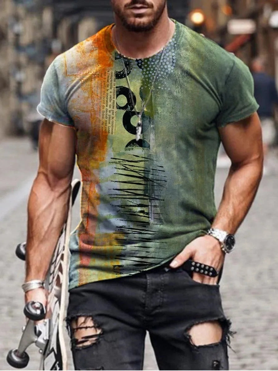 Man wearing a loose-fit camouflage print short-sleeved t-shirt.