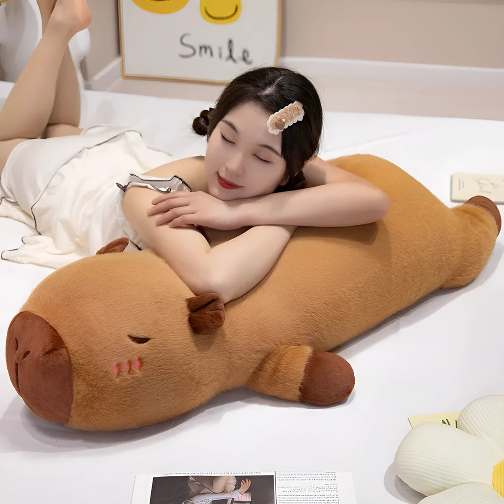 Brown lying style capybara plush toy made of short plush with PP cotton filling, available in 60cm, 80cm, and 1m sizes.