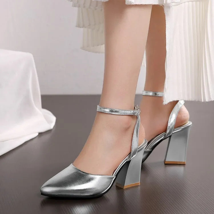 Women's thick high heel pointed toe sandals in silver or gold with cowhide upper and rubber sole, sizes 34-39.