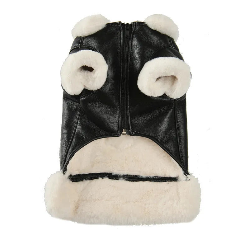 Black leather dog jacket winter coat biker-style vest on canine