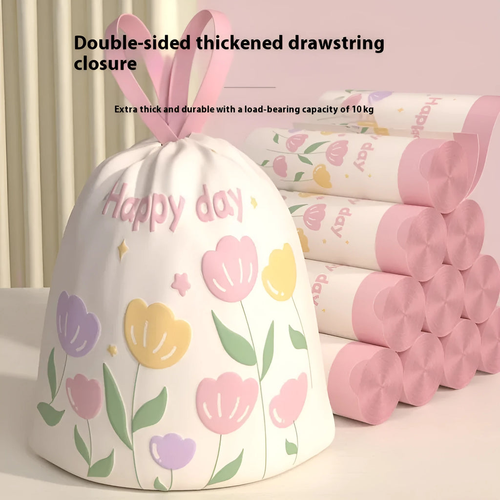 Pink degradable drawstring garbage bags with argy wormwood mosquito repellent, shown in a pack.