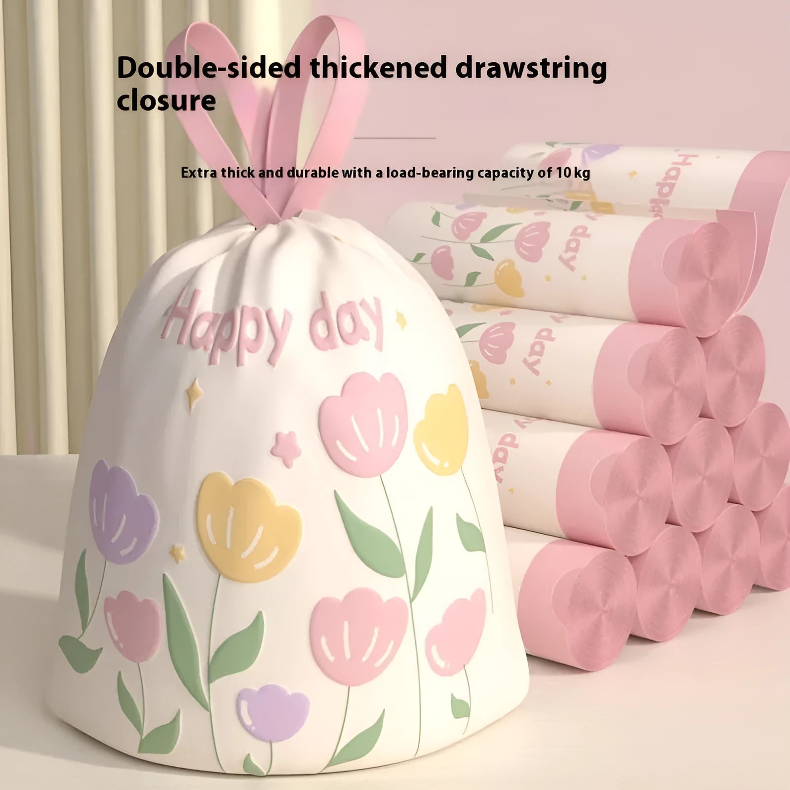 Pink degradable drawstring garbage bags with argy wormwood mosquito repellent, shown in a pack.