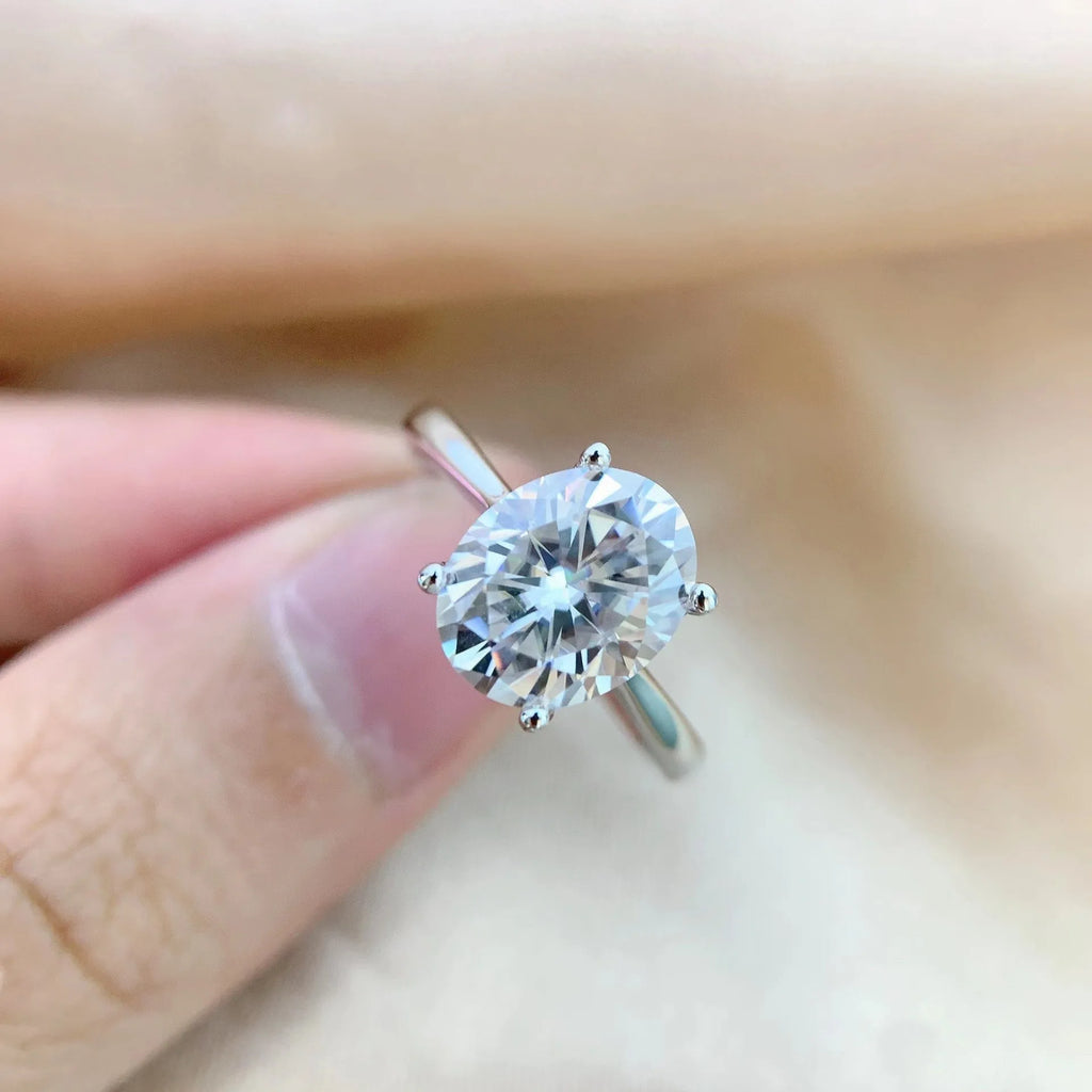 Oval moissanite ring in four-claw setting, D colour, electroplated band, sizes 5 to 9