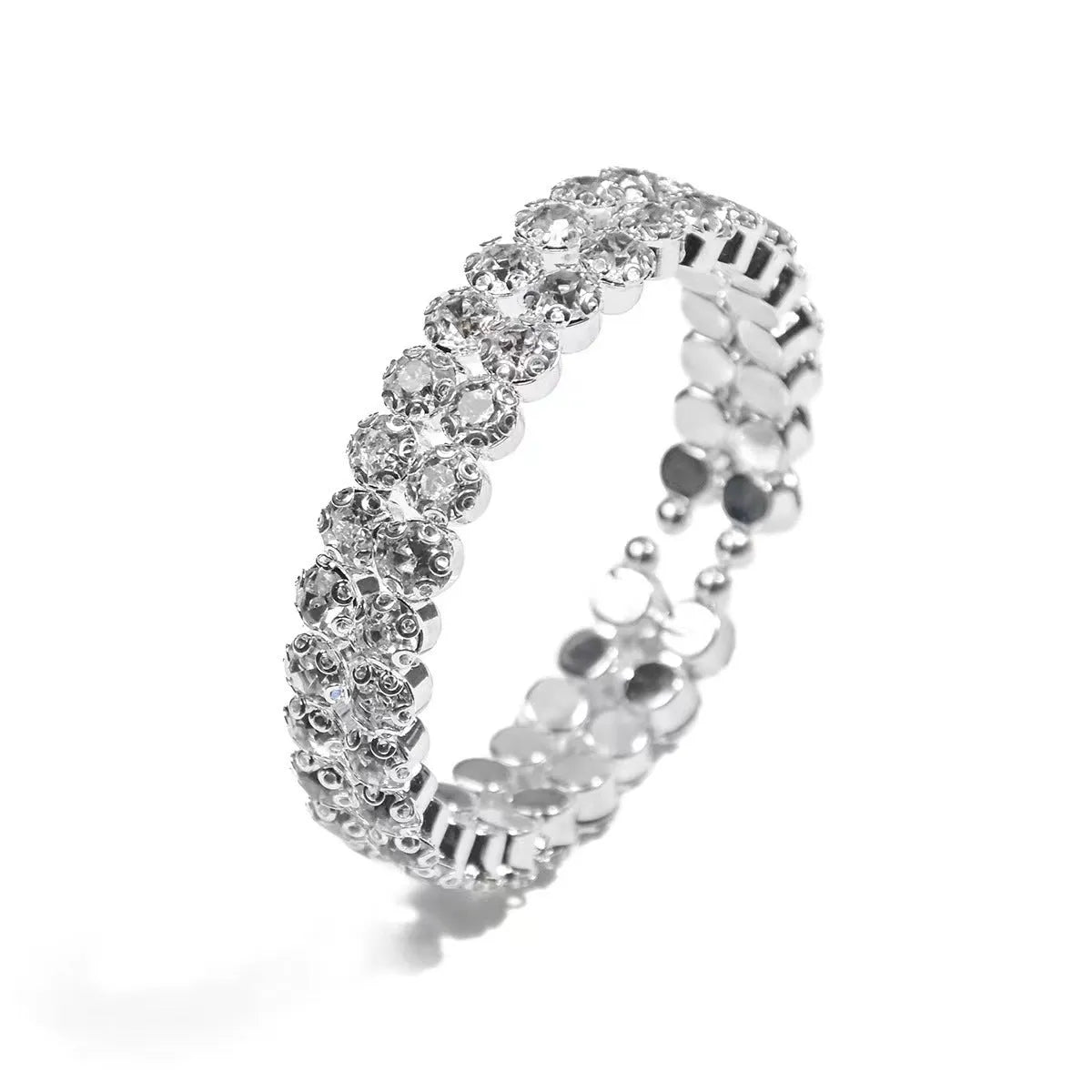 Silver elastic bracelet with double row of large rhinestones and wide opening design