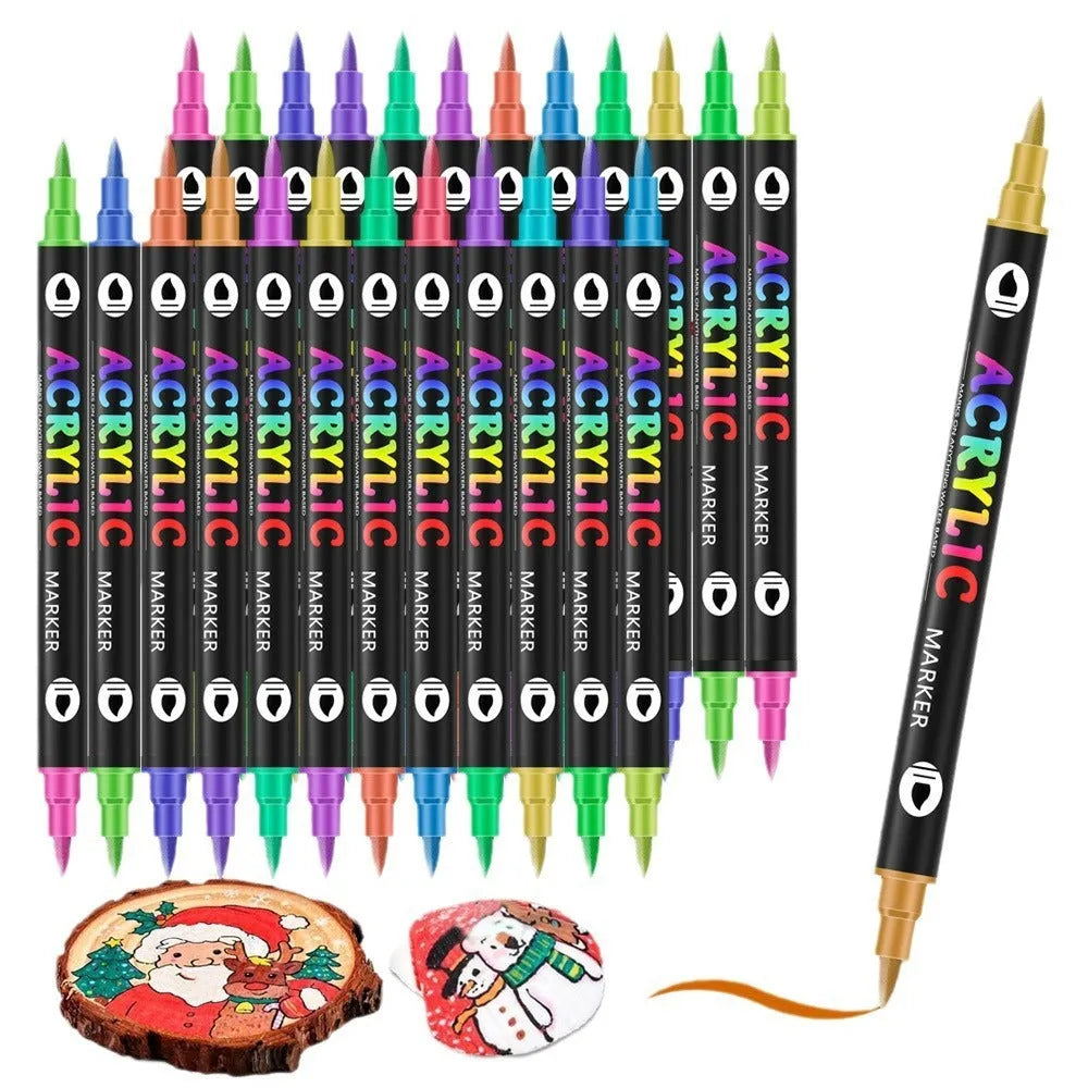 Double-headed acrylic marker pens showing broad and fine tips with opaque colours