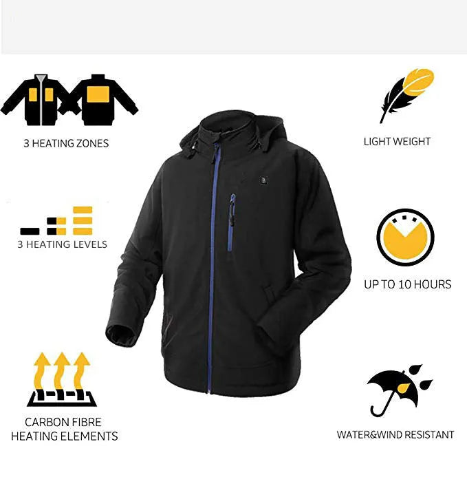 Black men's long sleeve winter coat with a zippered pocket on a hanger.