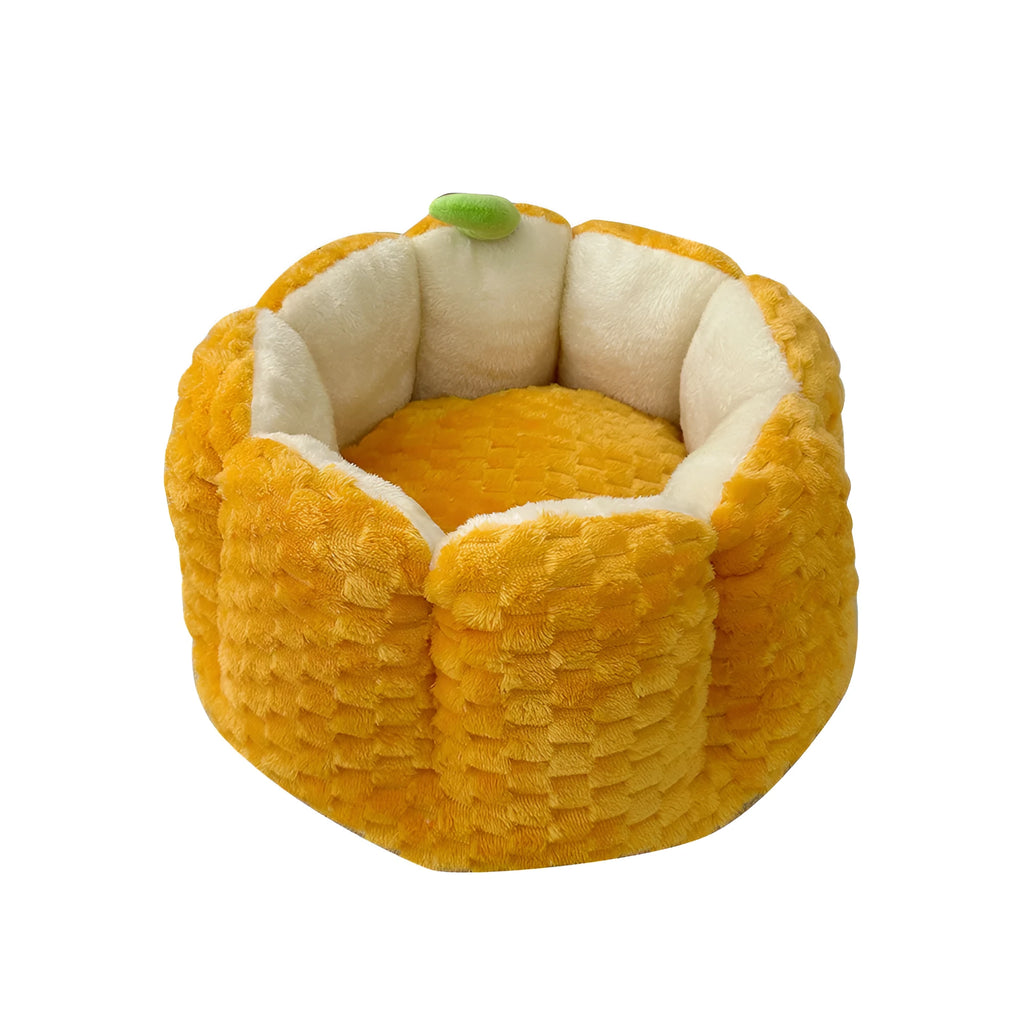 Orange pumpkin-shaped enclosed pet bed for cats or small dogs with cotton filling.