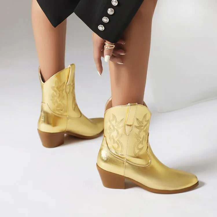 Women's mirror patent leather knee-high boots with embroidery, pointed toe, stiletto heel, in silver colour