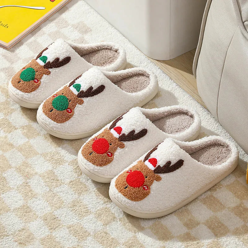 Christmas elk plush house slippers in red and green with anti-slip sole and artificial wool lining