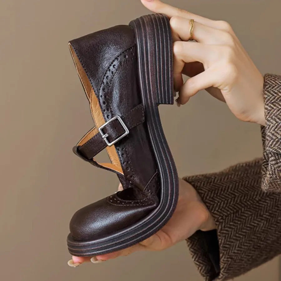 Women's sheepskin hollow flower loafers, round toe, T-strap, brown or black, mid heel 3-5cm, sizes 35-40