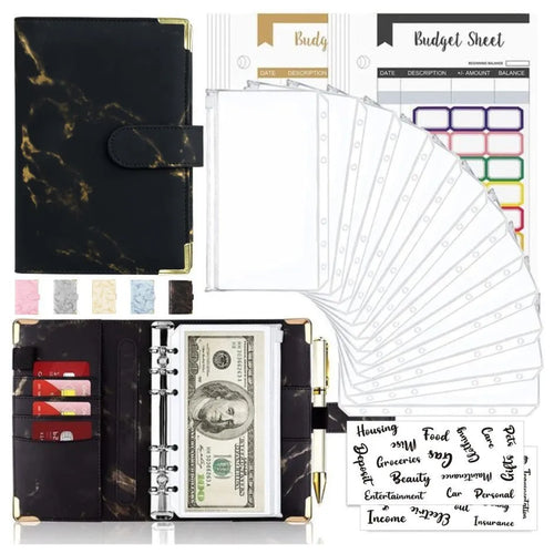 A6 loose-leaf binder journal with marbling leather PU cover, open to show budget sheets and zip pockets