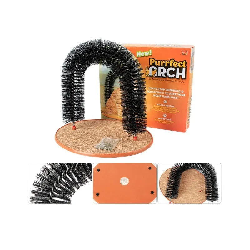 Durable plastic arched cat grooming toy with built-in brush bristles for scratching and rubbing
