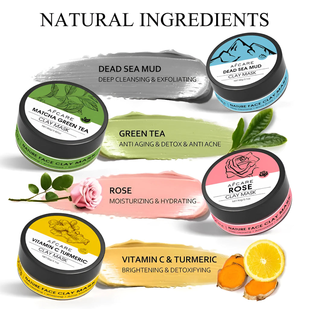 Four tub Dead Sea mud clay mask set with green tea, turmeric and rose formulas
