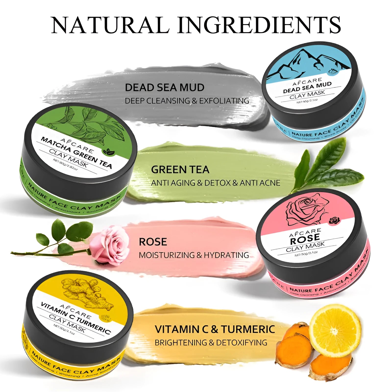 Four tub Dead Sea mud clay mask set with green tea, turmeric and rose formulas