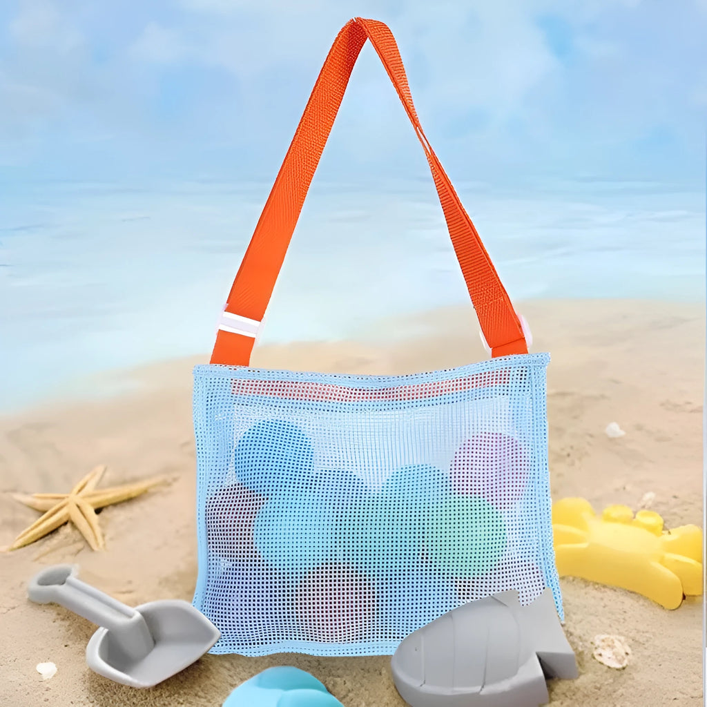 Blue mesh travel storage bag with shoulder strap showing dimensions of 20x25x8cm