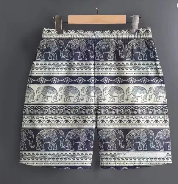 Men's polyester sports shorts showing multiple pattern options including stripes, plaids and camouflage designs