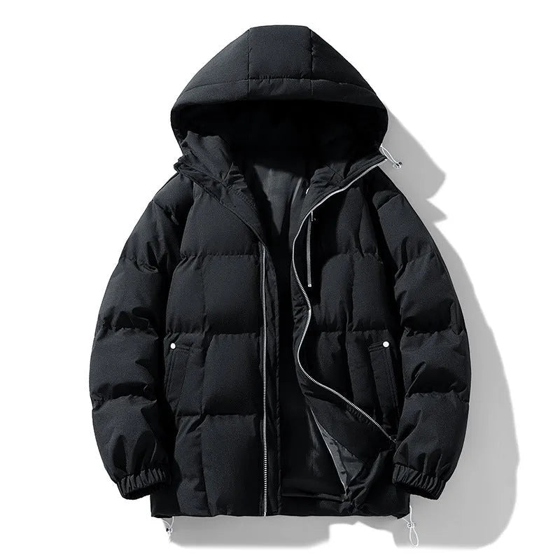 Men's solid colour hooded cotton coat in black, side view, showing cardigan cut and straight hem